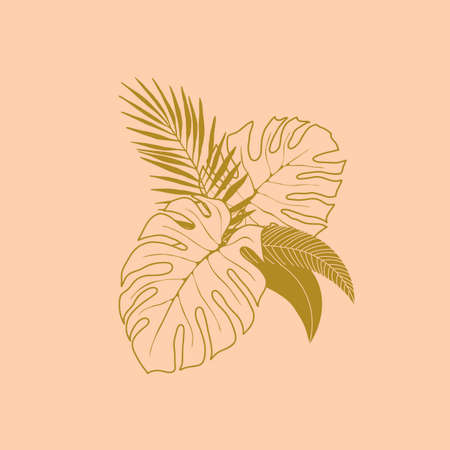 Floral floristic composition of plants. Bouquet of tropical leaves and flowers. Botanical freehand line drawing on an isolated background. Flat floral design for labels, invitations and patterns.のイラスト素材