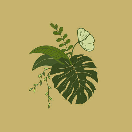 Floral floristic composition of plants. Bouquet of tropical leaves and flowers. Botanical freehand line drawing on an isolated background. Flat floral design for labels, invitations and patterns.のイラスト素材