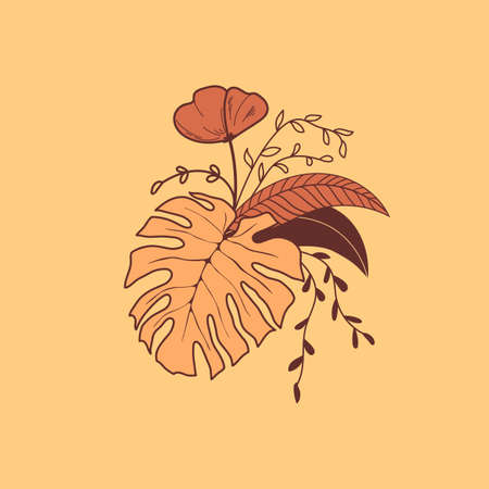 Floral floristic composition of plants. Bouquet of tropical leaves and flowers. Botanical freehand line drawing on an isolated background. Flat floral design for labels, invitations and patterns.のイラスト素材