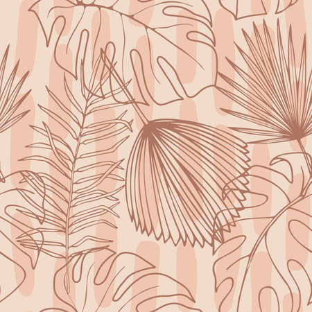 Abstract trendy seamless pattern tropical branches and leaves monstera, palm, banana. Pastel spots and patterns of brush strokes. Hand-drawn in line art style.のイラスト素材