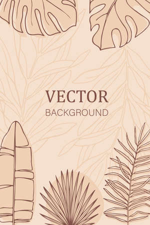 Abstract trendy background tropical branches and leaves monstera, palm, banana. Pastel colors Hand-drawn in line art style.のイラスト素材