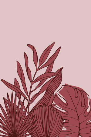 red tropical leaves on a gentle pastel background. Abstract trendy template with branches and leaves monstera, palm, banana. Pastel colors Hand-drawn in line art style.のイラスト素材