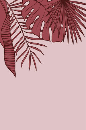 red tropical leaves on a gentle pastel background. Abstract trendy template with branches and leaves monstera, palm, banana. Pastel colors Hand-drawn in line art style.のイラスト素材