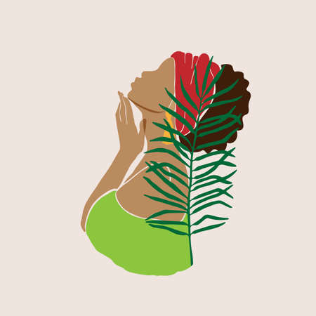 Abstract female profile portrait. Beautiful African American, Latina, white woman holds a hand near the face. Modern design for spa, beauty salons Vector illustrationのイラスト素材