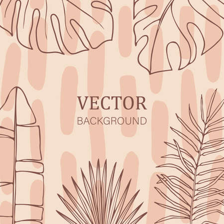 Abstract trendy background tropical branches and leaves monstera, palm, banana. Pastel spots and patterns of brush strokes. Hand-drawn in line art style.のイラスト素材