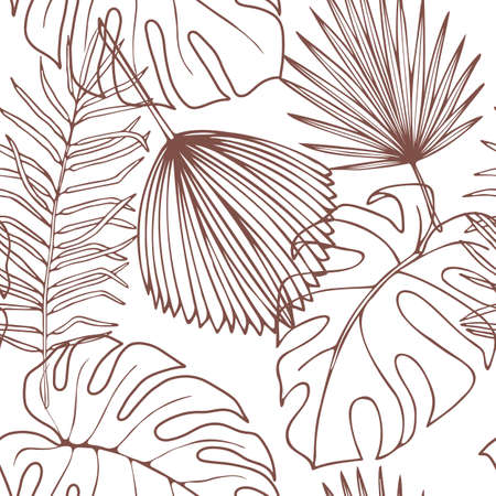Abstract trendy seamless pattern tropical branches and leaves monstera, palm, banana on a white background. Hand-drawn in line art style.のイラスト素材