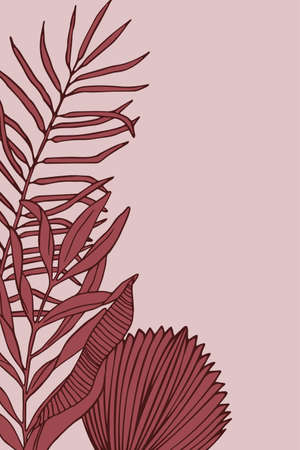 red tropical leaves on a gentle pastel background. Abstract trendy template with branches and leaves monstera, palm, banana. Pastel colors Hand-drawn in line art style.のイラスト素材