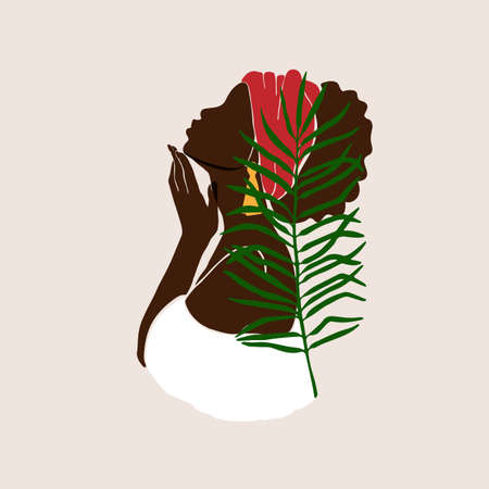 Abstract female profile portrait. Beautiful African American, Latina woman holds a hand near the face in a white dress. Modern design for spa, beauty salons Vector illustrationのイラスト素材