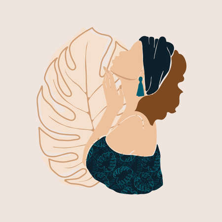 Abstract female profile portrait. Beautiful white woman holds a hand near the face in a blue dress and a headband. Modern design for spa, beauty salons Vector illustrationのイラスト素材