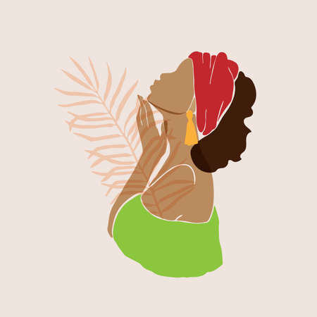 Abstract female profile portrait. Beautiful African American, Latina, white woman holds a hand near the face. Modern design for spa, beauty salons Vector illustrationのイラスト素材