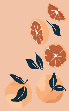 Abstract still life with oranges in pastel colors. hand draw of modern art in a flat style. Fruits...