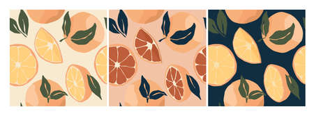 Set Abstract still life pattern with oranges. Freehand drawing of modern art in a flat style. Fruits with leaves for social media, sites, banners. Bright, juicy oranges, peaches, tangerinesのイラスト素材