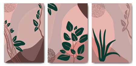 Set poster of Abstract trendy universal art template background with branches and leaves. Multi-colored spots and patterns of dots. Hand-drawn plants and creepersのイラスト素材