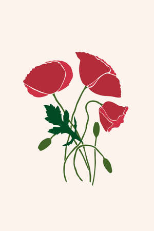 Abstract poppy flower with leaves, stem and bud drawn in a minimalist style. Flat geometric shapes in trending design for social media, paintings, fabric printingのイラスト素材