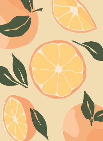 Abstract still life with oranges in pastel colors. hand draw of modern art in a flat style. Fruits with leaves for social media, poster, postcard, print. Hand drawn oranges, peaches, tangerines.のイラスト素材