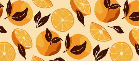 Abstract still life pattern with oranges. Freehand drawing of modern art in a flat style. Fruits with leaves for social media, sites, banners. Bright, juicy oranges, peaches, tangerinesのイラスト素材