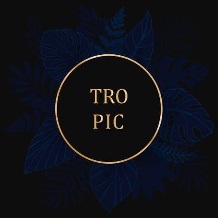 Luxury gold and indigo blue background vector. Floral pattern with round frame, golden line arts. Large tropical leaves Philodendron, palm, monstera, fern, alocasia plant on black background.のイラスト素材