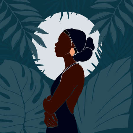 Young African American woman stands in profile against the background of the moon. Night in the juggle. Large tropical leaves. Dark blue vector illustration in flat style.のイラスト素材