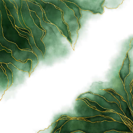 Watercolor background drawn by brush. Green paints spilled on paper. Golden shiny veins and cracked marble texture. Elegant luxury wallpaper for design, print, invitations.の写真素材