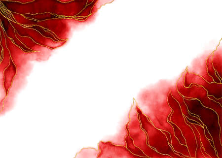 Watercolor background drawn by brush. Red paints spilled on paper. Golden shiny veins and cracked marble texture. Elegant luxury wallpaper for design, print, invitations.の写真素材