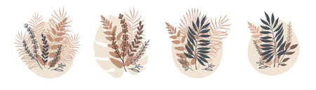 Set of abstract pastel leaves bouquet. Isolated big leaves, fern, palm, vector spot on a white background. Tropical flat design for websites, cards, invitationsのイラスト素材