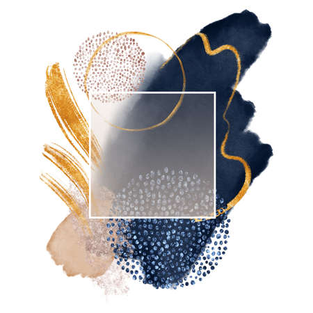 Set of groups of watercolor geometric shapes, golden lines, splashes and stains, drops, dots on gray paper background. Abstract illustration and modern print for design logo, cover, patternの写真素材