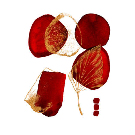 Modern illustration set of  stains, golden lines, powder, silhouette of tropical leaves, brush strokes. Red transparent wine circles for wall pictures,  isolated on white background.の写真素材