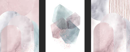 Set of modern illustration, painting on the wall art. Watercolor texture of marble, smoke, fog. Geometric shapes, lines, arches. Printing on covers, postersの写真素材
