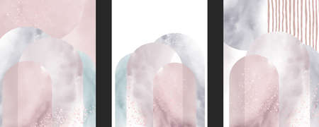 Set of modern illustration, painting on the wall art. Watercolor texture of marble, smoke, fog. Geometric shapes, lines, arches. Printing on covers, postersの写真素材