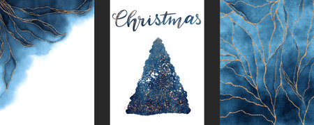 Set of abstract poster handmade blue watercolor background drawn by brush. Silhouette of Christmas tree isolated on a white background. Christmas lettering. Golden shiny veins and cracked marble texture.の写真素材