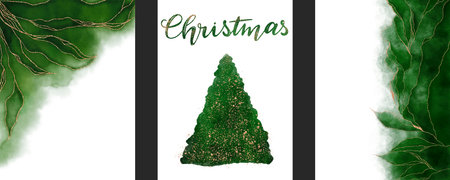 Set of abstract poster handmade green watercolor background drawn by brush. Silhouette of Christmas tree isolated on a white background. Christmas lettering. Golden shiny veins and cracked marble texture.の写真素材