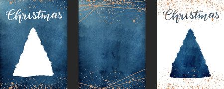 Set of abstract poster handmade navy blue watercolor background drawn by brush. Silhouette of Christmas tree isolated on a white background. Christmas lettering. Golden shiny veins and cracked marble texture.の写真素材