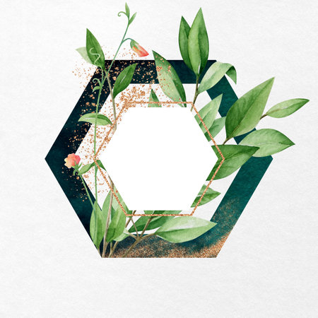 Watercolor hexagon frame isolated on textured paper. Large tropical leaves. Gold splashes, veins and elements. The texture of marble, malachite. Border in royal style. Greeting card, poster, cover.の写真素材