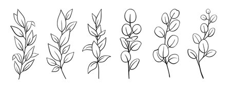 Set of silhouette branches with leaf and stem in modern style. Vector leaves isolated on white background. Hand drawn decorative botanical elements.のイラスト素材