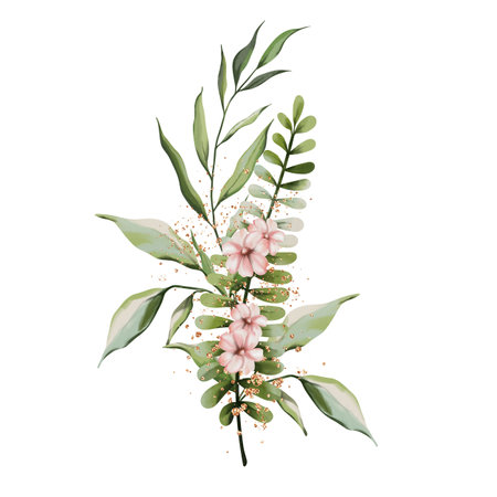 Floral illustration. Bouquet of leaves, gold elements, flowers isolated on white background. Decoration for greeting card drawn by watercolor. Trendy tropical composition templateの写真素材