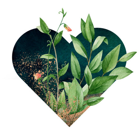 Watercolor heart with leaves, flowers isolated on white background. Hand drawn branches with golden splashes, elements. Festive bouquet arrangement for valentine. Beautiful frame for design invitationの写真素材