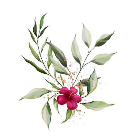 Floral illustration. Bouquet of leaves, gold elements, flowers isolated on white background. Decoration for greeting card drawn by watercolor. Trendy tropical composition templateの写真素材