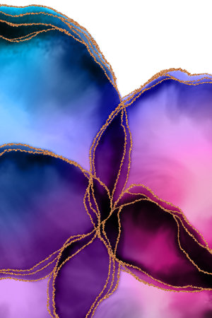Hand drawn art wallpaper with watercolor, alcohol inks, stain, spots with purple, green, blue. Elegant gold lines, veins. Trendy abstract background for design poster, texture or cards.の写真素材