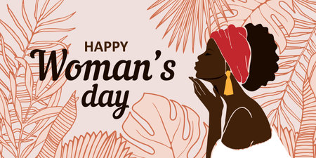 Abstract female profile portrait. Beautiful African American, in the background a large tropical leaf. Modern design valentine's day, international women's day, mother's day. Vector illustrationのイラスト素材