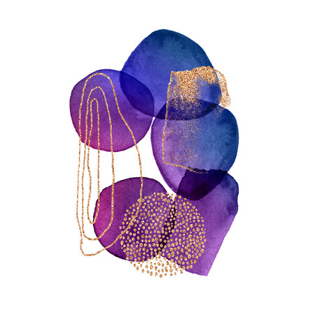 Modern illustration with watercolor circles, stains, gold lines, powder, brush strokes. Purple, violet, blue transparent circles for wall pictures, logo, covers isolated on white background.の写真素材