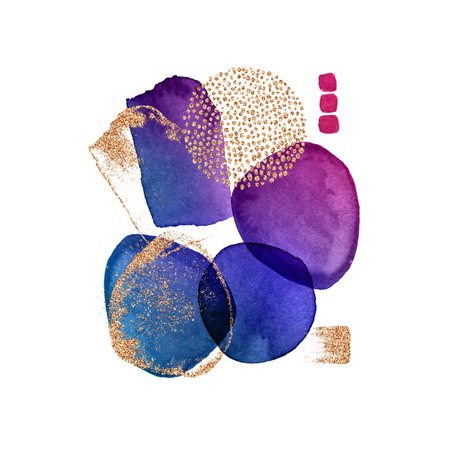 Modern illustration with watercolor circles, stains, gold lines, powder, brush strokes. Purple, violet, blue transparent circles for wall pictures, logo, covers isolated on white background.の写真素材