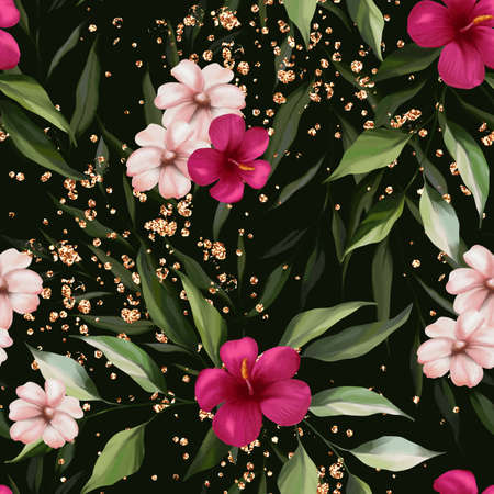 Watercolor floral seamless pattern. Hibiscus flowers, leaves, golden splatter, splashes on dark background. Exotic luxury wallpaper. Hand drawn Design for wrappers, greeting cards, romantic events.の写真素材