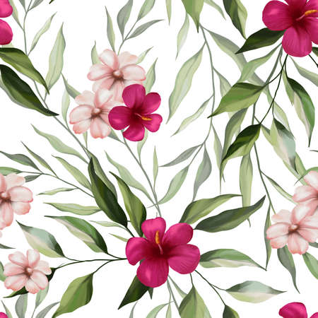 Watercolor floral seamless pattern. Hibiscus flowers, green leaves, branches on white background. Exotic jungle wallpaper. Hand drawn artistic Design for wrappers, greeting cards, romantic events.の写真素材