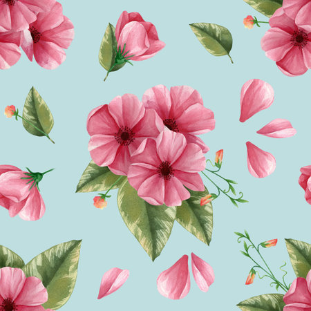 Bouquet of pink flowers with green leaf seamless pattern. Leaves, petals, buds isolated on blue background. Natural wallpaper. Spring feminine ornament for print fabric, wrapping paper, decorationの写真素材