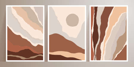 Landscapes wall art vector set. Mountain earth tones backgrounds with moon, sun. Minimal design and natural terracotta colors wall art. Abstract Art poster for print, cover, wallpaper.のイラスト素材