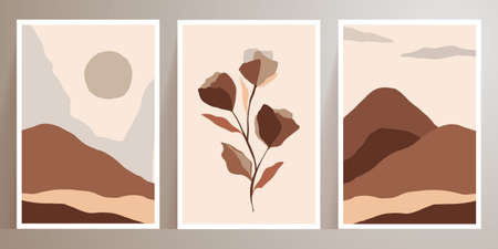 Set of minimalist abstract aesthetic illustrations. Universal artistic cards templates. Landscapes wall art vector set. Collection of contemporary artistic posters. design for cover, brochure, poster,のイラスト素材