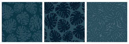Set of Seamless exotic pattern with tropical leaves monstera. Botanical fashionable template for...