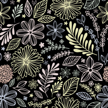 Flowers and leaves hand-drawn with colored children crayons on black background. Trendy modern seamless doodle style pattern for packaging, cover, design. Childish bright background in pastel colors.のイラスト素材