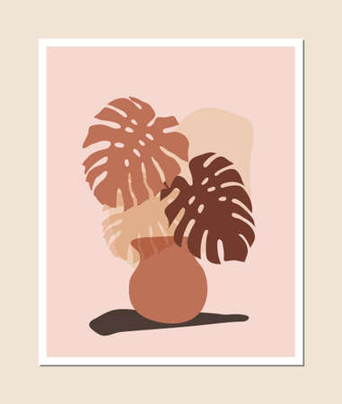 Trendy abstract tropical plant in pot with abstract shapes. Modern minimalist vector illustrations. Terracotta botanical wall art with Bohemian style. Contemporary for wall prints, poster, home decor.のイラスト素材