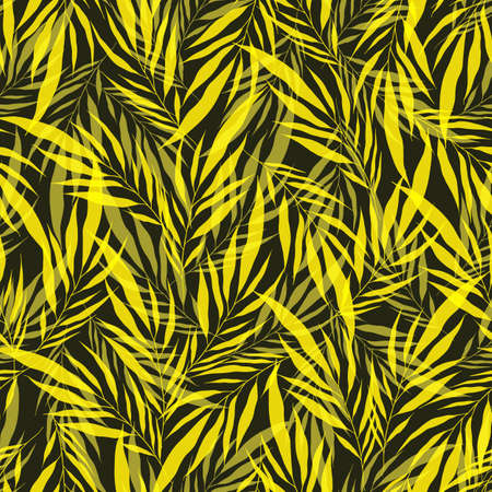 Minimalistic yellow transparent leaves palm tree on green backdrop. Vintage exotic collage tropical plants seamless pattern. Contemporary vector decoration art. Tropic chaos illustration.のイラスト素材